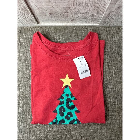 Mighty Fine Leopard Print Christmas Tree Red T Shirt Holiday Womens M - Picture 3 of 6